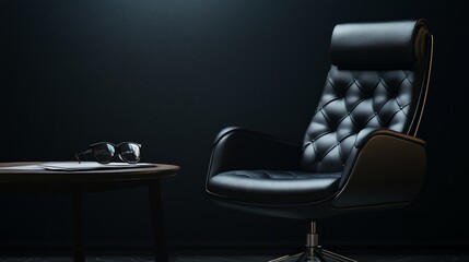 A black leather armchair with a coffee table and glasses sitting on a dark background.