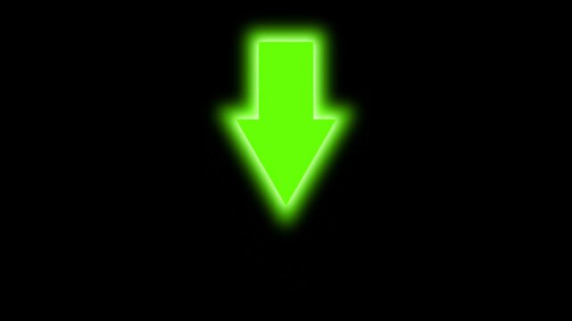 Green neon arrow pointing down animation on a black background suitable for representing decrease, negative trends, financial losses in presentations, websites, or social media posts