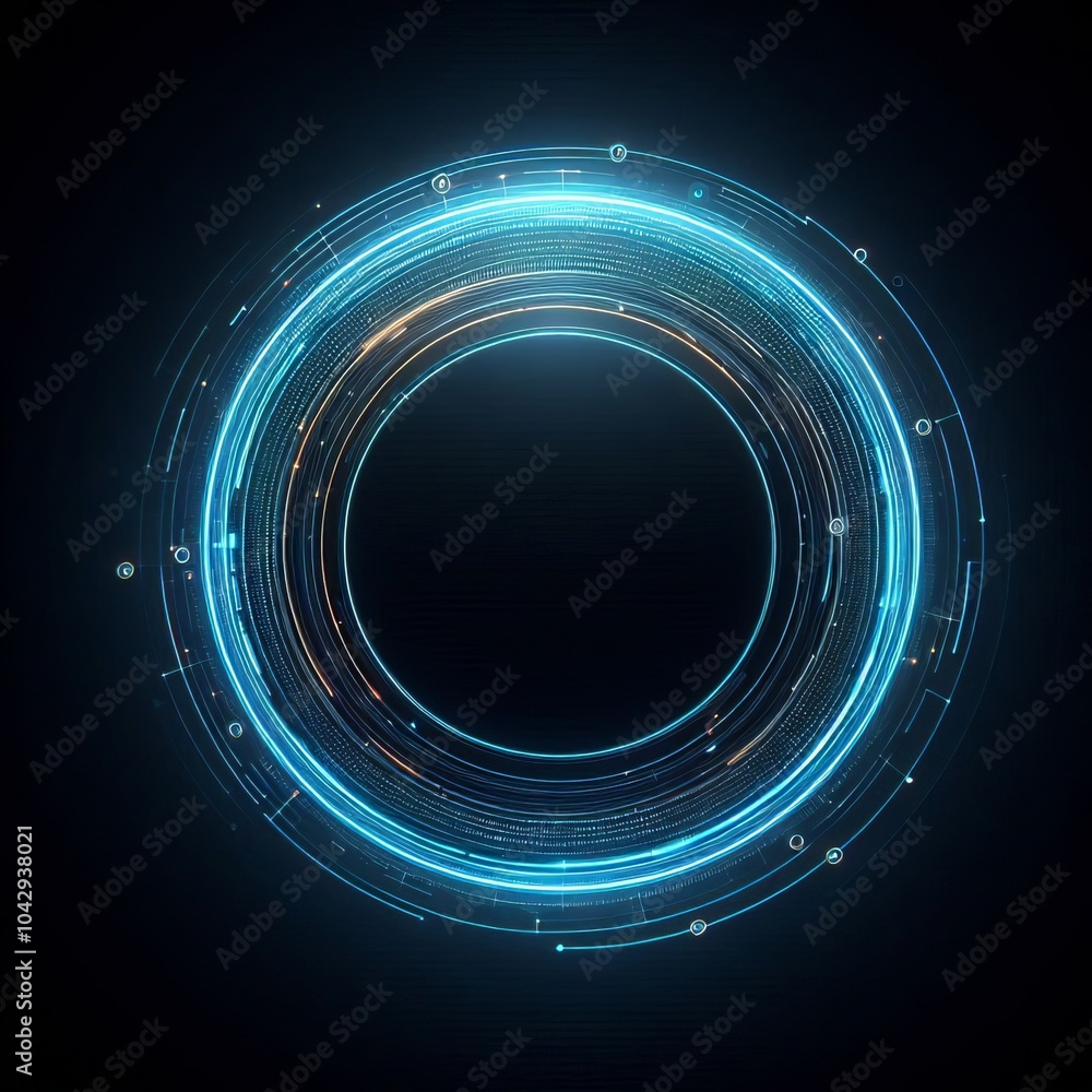Poster abstract digital background featuring swirling blue circles and glowing patterns creating a futurist
