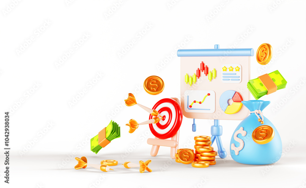 Poster goal achievement isometric 3d render banner. business target with arrow, white board with data graph