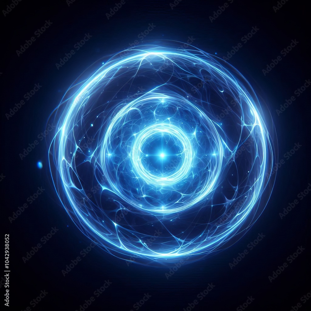 Poster an abstract blue background featuring glowing circles and wave patterns with a dynamic design that e