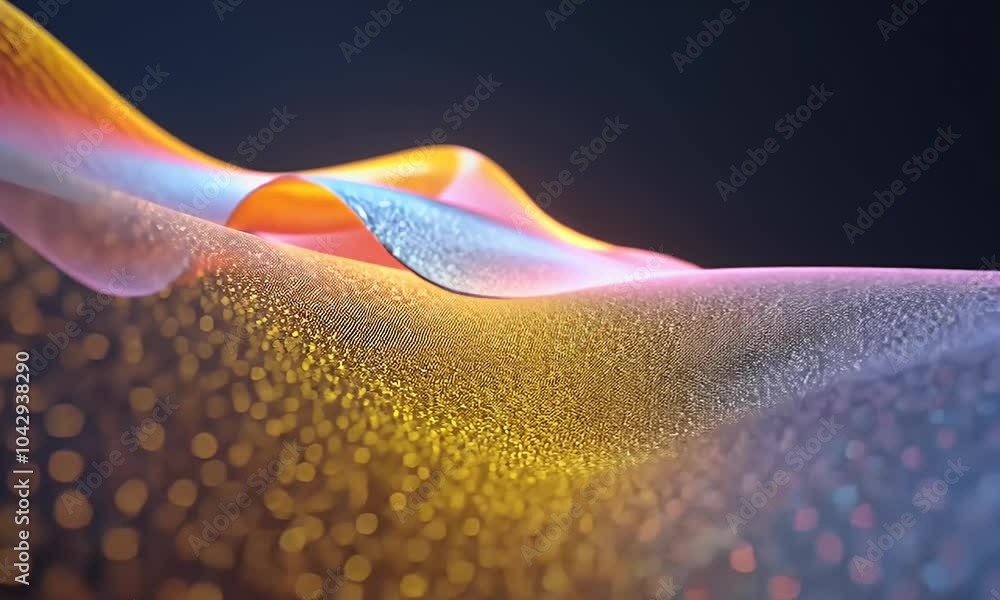 Poster a close-up of a colorful, neon-curved wave shape, with a dark background and gradient color scheme, 