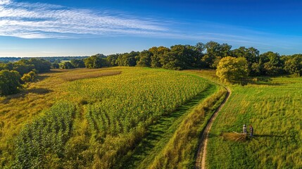 Aerial view of a winding dirt path leading to a couple standing in a field of sunflowers under a clear blue sky.