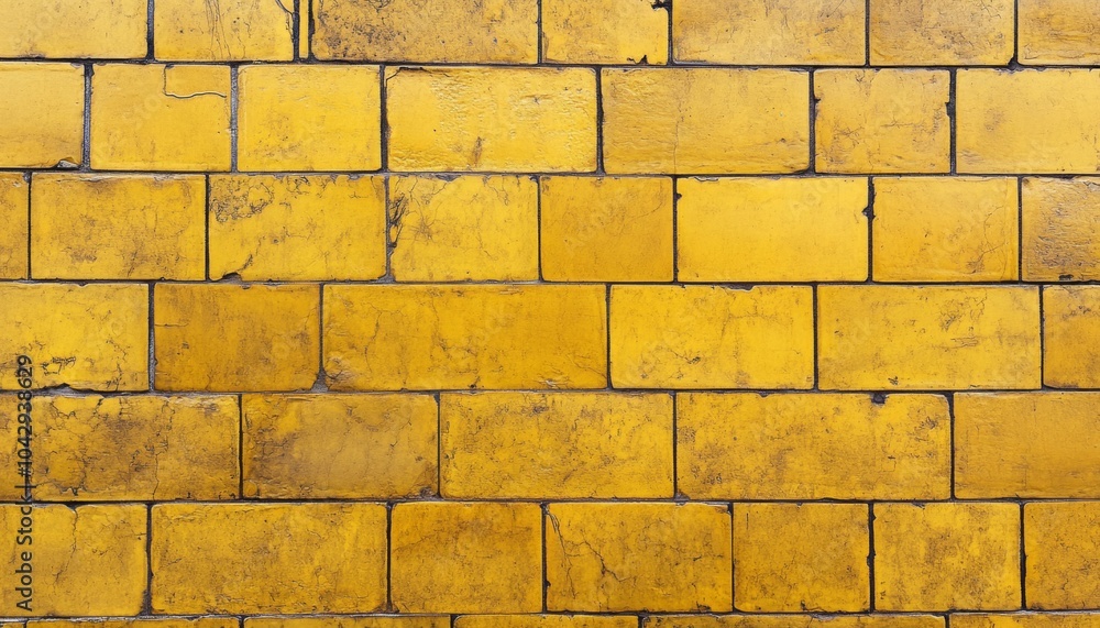 Poster a close-up view of a yellow tiled wall with visible grout lines and subtle imperfections.