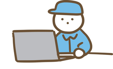 パソコンを使う作業服の男性