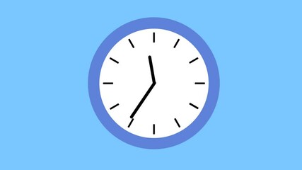 circle wall clock blue animation. with the clockwise time turn fast. flat cartoon design illustration. Isolated on blue background