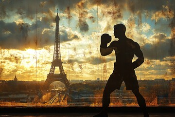 "Boxing Silhouette Set Against Iconic Paris Landmarks"