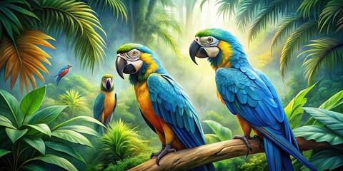 Low angle watercolor illustration of blue and orange macaw parrots in tropical forest backdrop