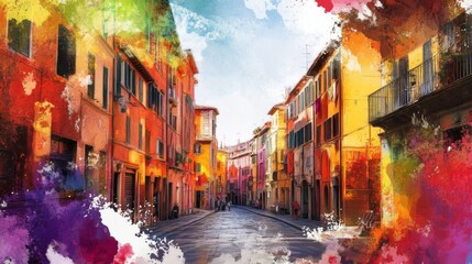 Fototapeta premium A colorful, narrow street with buildings on each side. The sky is blue with some clouds and there are some people walking on the street.