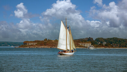 Sailing past the historical Fort Gorges, Hog Island Ledge  Casco Bay, Maine, United States