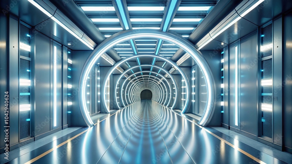 Poster luminous futuristic corridor with radial lighting effect and geometric patterns minimalist
