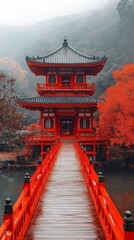 Obraz premium Beautiful Kyoto temple surrounded by red autumn leaves