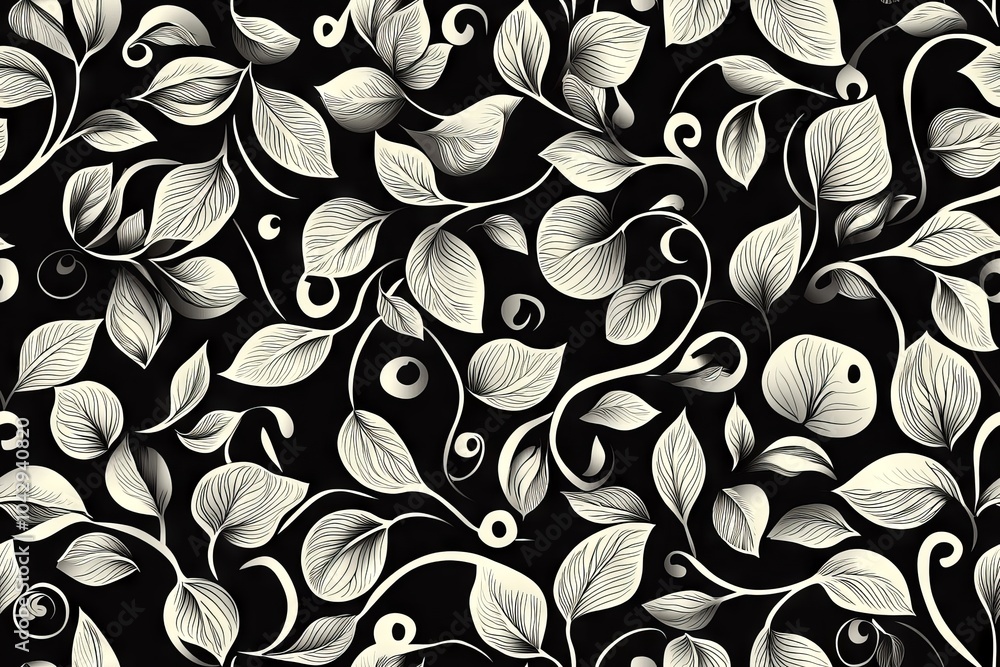 Poster vector seamless pattern featuring leaves and intricate curls in a monochrome design elegant abstract