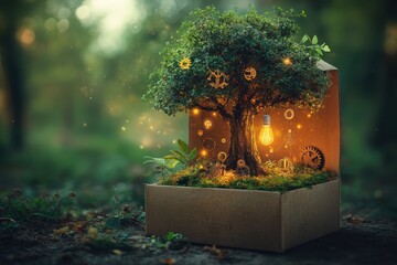 Tree in a Box with Gears and Light Bulb