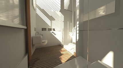 Obraz premium Modern bathroom with white walls, wood floor, and a glass shower stall. Sunlight streams through a window, creating a bright and airy atmosphere.