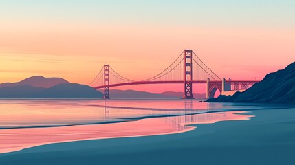 Silhouette of the Golden Gate Bridge, set against a minimalist San Francisco Bay view, with soft gradient sky transitioning from light blue to pink and subtle mountain and ocean elements, clean lines,