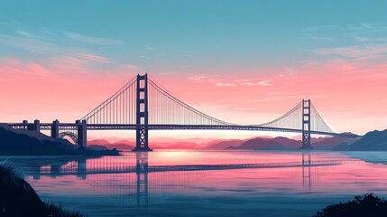 Obraz premium Silhouette of the Golden Gate Bridge, set against a minimalist San Francisco Bay view, with soft gradient sky transitioning from light blue to pink and subtle mountain and ocean elements, clean lines,
