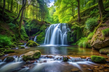 Lush forest landscape with a serene small waterfall