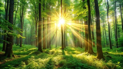 Obraz premium Lush forest illuminated by sunlight