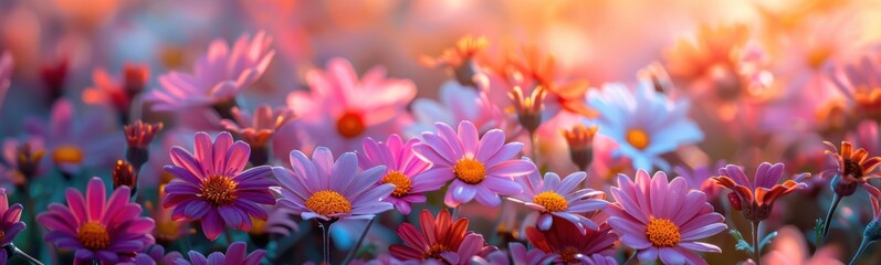 Brightly colored flowers are blooming in a field at sunset, plant background, banner, copy space
