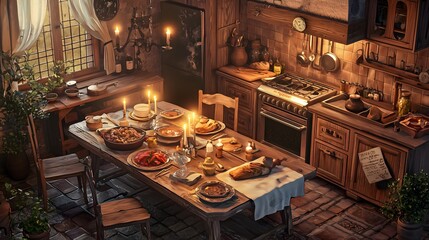 A cozy rustic kitchen setting with a lavish feast of homemade delicacies and warm ambiance for family gatherings