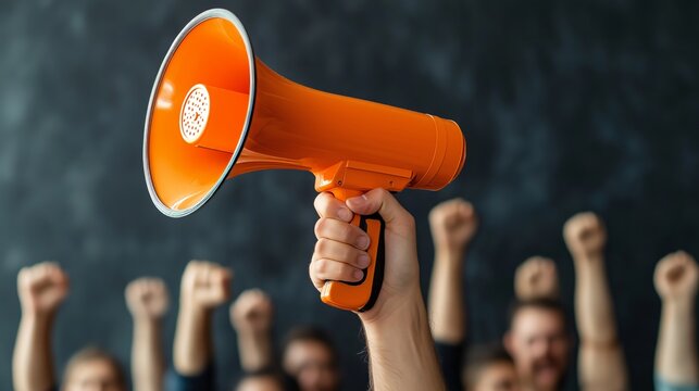 Close up of an orange megaphone raised high as a group of people in the background cheer