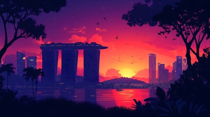 Singapore's Marina in silhouette, featuring Marina Bay Sands and the Gardens by the Bay, set against a vibrant sunset, minimalist flat style, clean lines, muted tones, hd quality. --ar 16:9