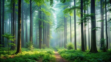Fototapeta premium Lush forest with misty atmosphere