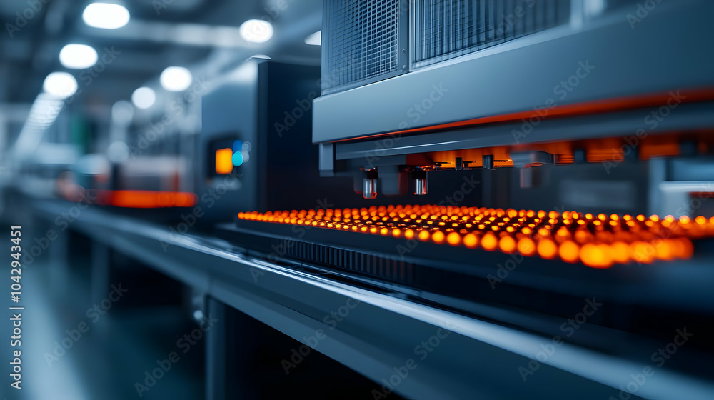 Poster advanced machinery in a modern industrial setting with orange illuminated components on a production