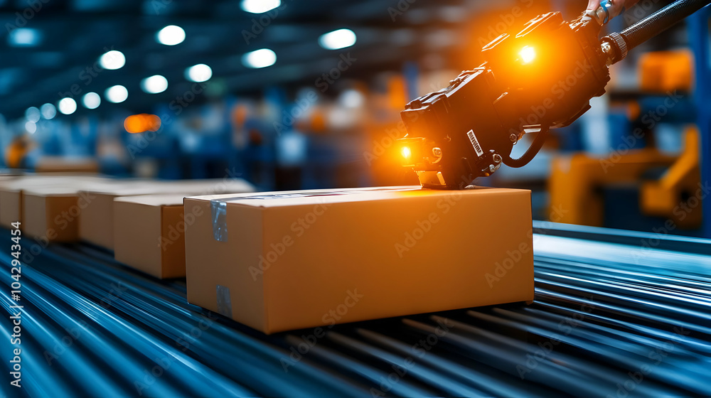 Poster advanced robotic arm sorting cardboard boxes in a modern warehouse setting.