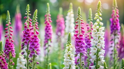 Fototapeta premium Digitalis purpurea Foxy herbs with pink white and purple flowers Minimalist