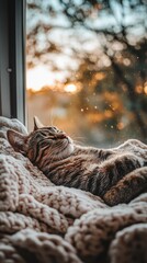 A tabby cat naps in a cozy blanket by the window, bathed in the warm glow of the setting sun.