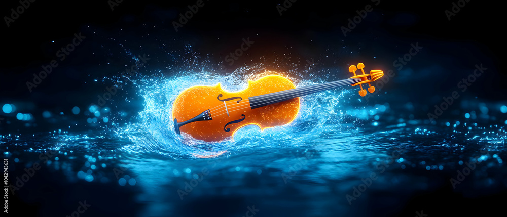 Poster an artistic violin splashing in vibrant blue water, creating a captivating and dynamic visual experi