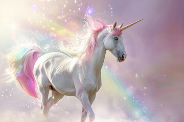 Naklejka premium Fantastically beautiful mythological pink unicorn with long horn