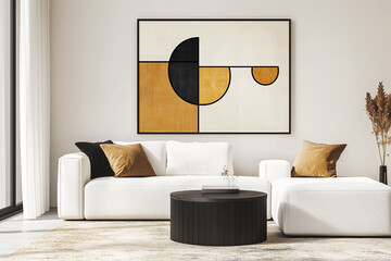 Abstract art painting in a modern living room with a sofa and coffee table.