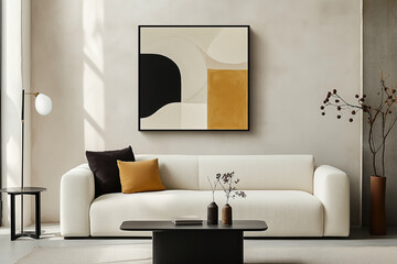 Abstract art painting in a modern living room with a sofa and coffee table.