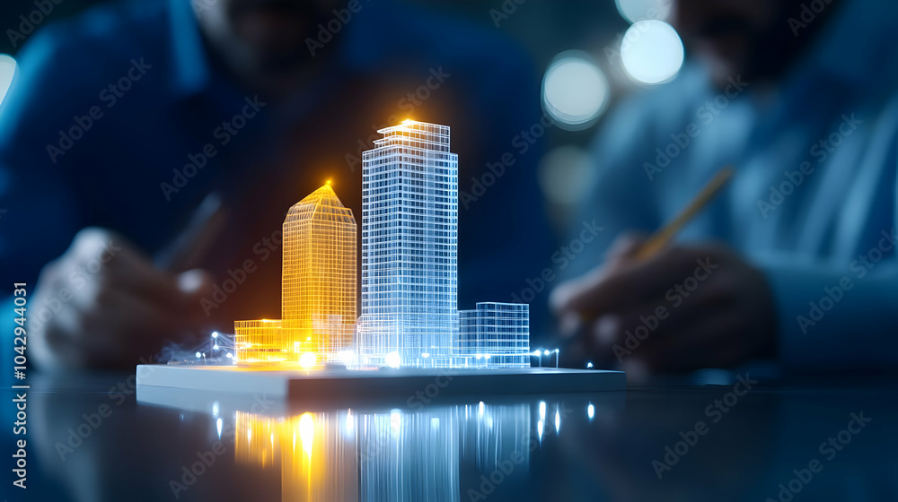 Aufkleber architects discussing a modern building design model with illuminated elements.