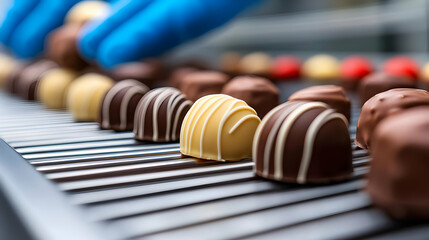 Assorted handmade chocolates on a conveyor belt, showcasing a variety of shapes and colors.