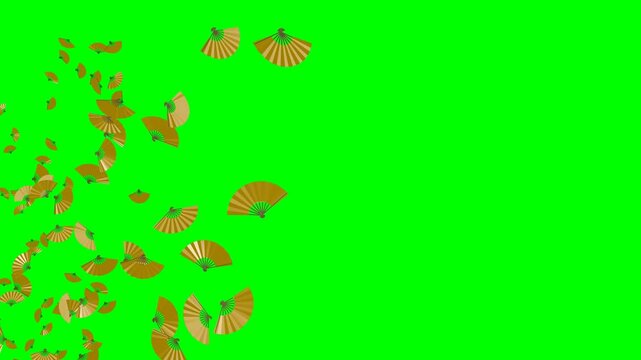 斜め上に流れていく金色の扇緑背景。シームレス編集可（600フレーム目の後ろにコピーした301フレーム目以降を繋ぐことでシームレスに再生）