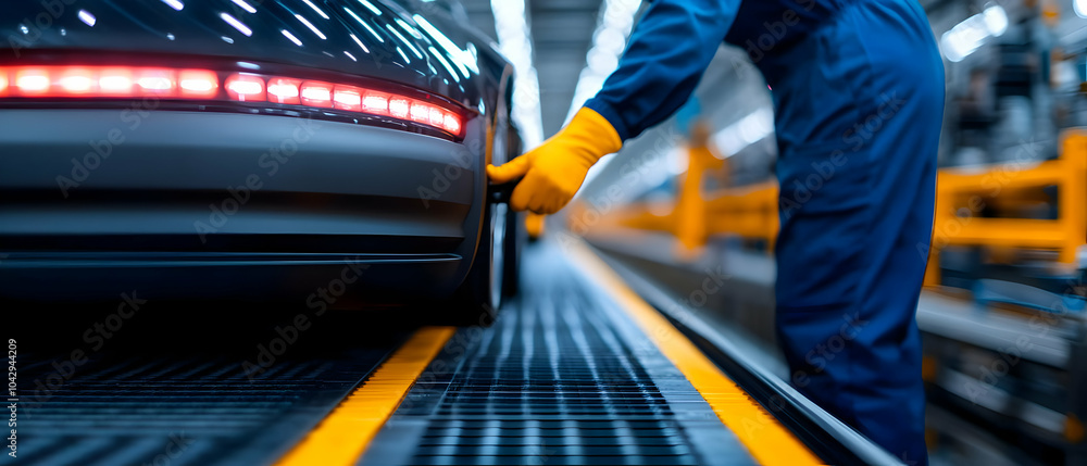 Poster automotive worker inspecting a car in a modern factory setting with focus on precision and technolog