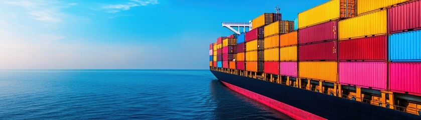 Fototapeta premium Colorful cargo ship sailing on calm ocean waters under a clear blue sky.