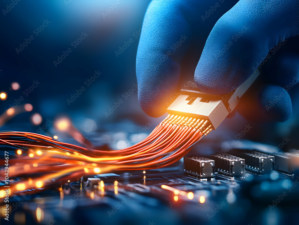 Poster a close-up of a hand connecting a network cable to a circuit board with glowing wires, showcasing mo