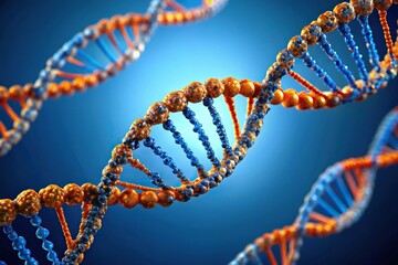 DNA double helix structure in blue and orange colors isolated on blue background