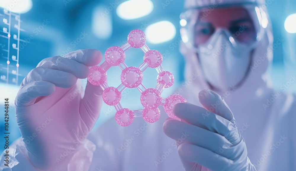 Poster a scientist in protective gear examines a pink molecular structure in a laboratory setting, emphasiz