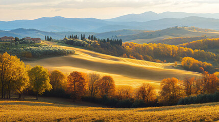 Fototapeta premium A scenic view of rolling hills bathed in golden light as the sun sets, creating a perfect autumn landscape.