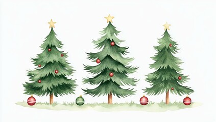 Three decorated watercolor Christmas trees with stars on top, surrounded by ornaments, symbolizing festive holiday spirit.