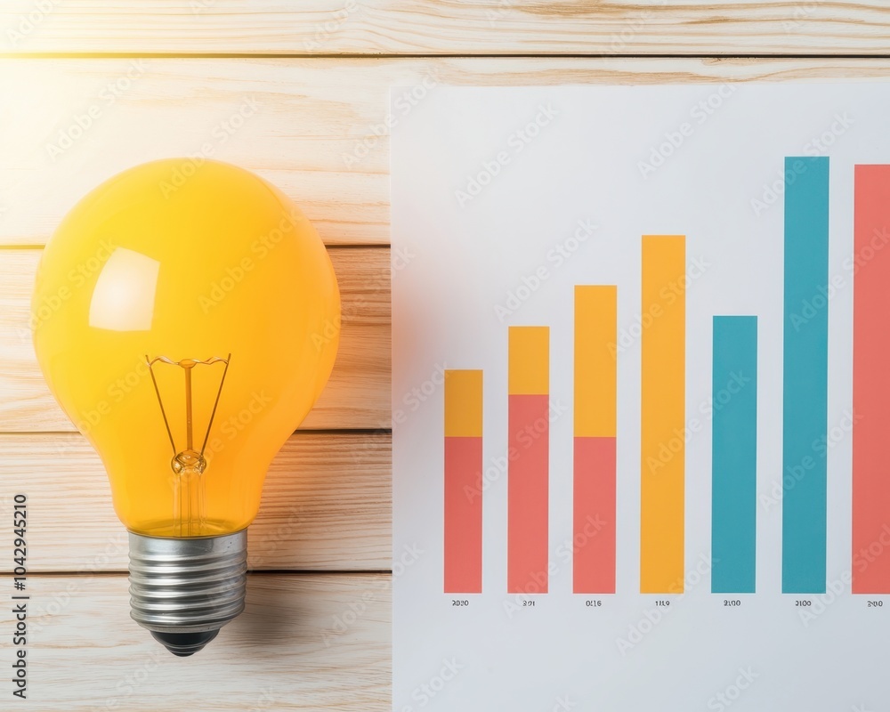 Wall mural light bulb beside a colorful bar graph on wooden background, symbolizing innovation.