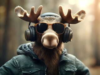 Fototapeta premium A cool moose wearing sunglasses and headphones, set against a blurred forest background.