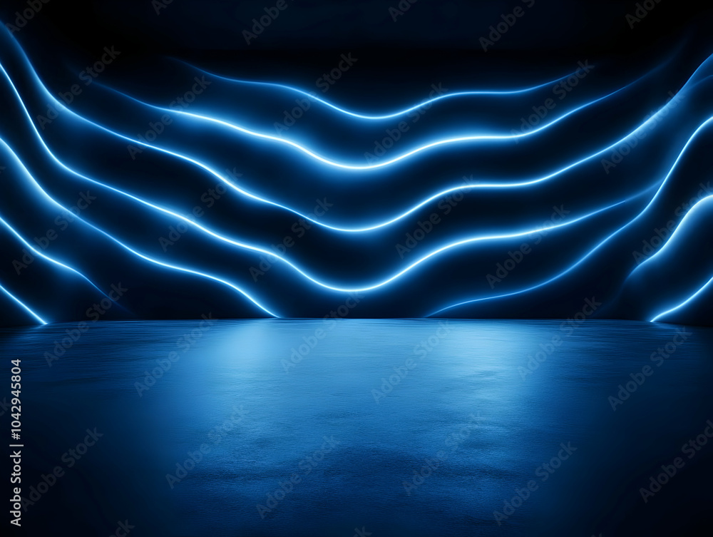 Poster a dark room with illuminated blue wavy lines on the walls, creating a dynamic and modern atmosphere.