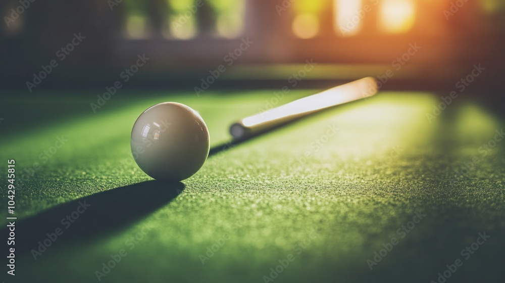 Poster a white cue ball sits on a green pool table with a cue stick resting on the table. the sun shines th